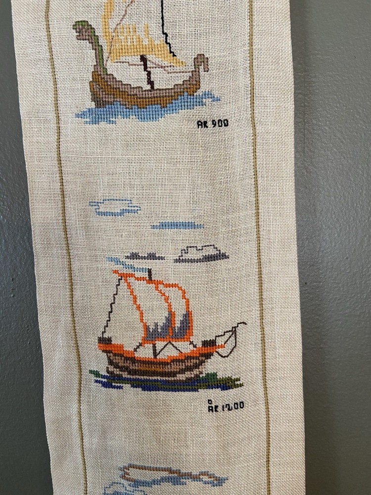 Vintage Hand Made Scandivanian Cross Stitch Bell Pull Linen Nautical Signed