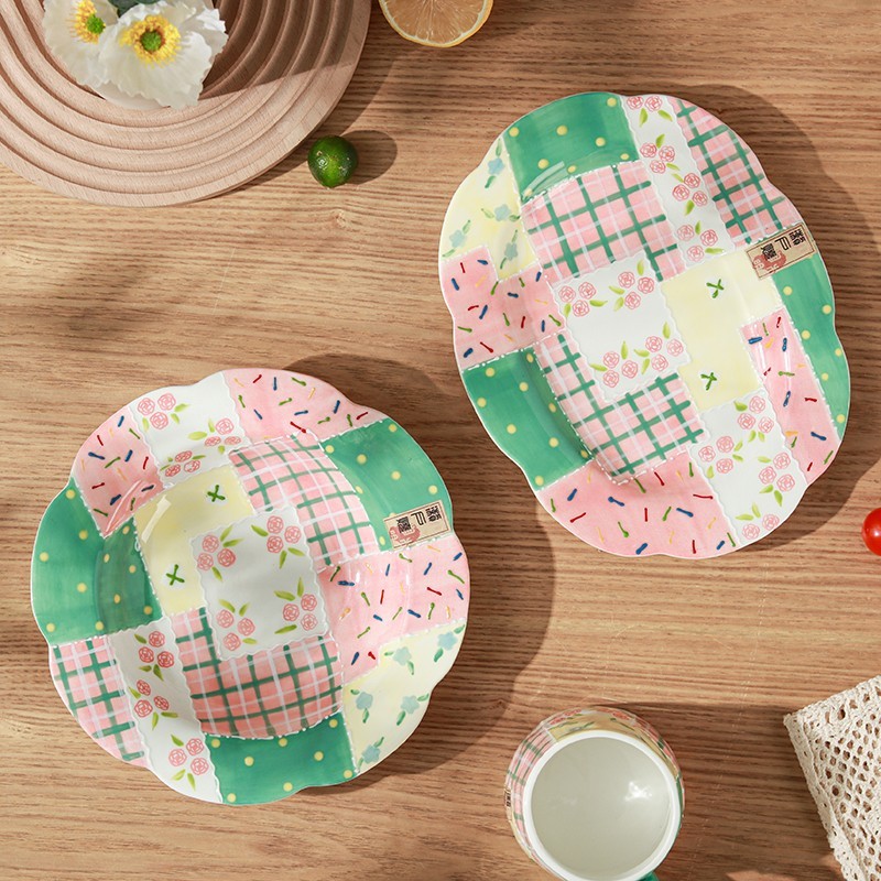 Colorful Patchwork Ceramic Dinner Plate 8.86'' Decorative Serving Dish