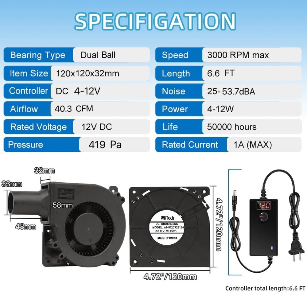 WHTech 120mm x 32mm Blower Fan with LED Voltage Display Speed Controller, 110...