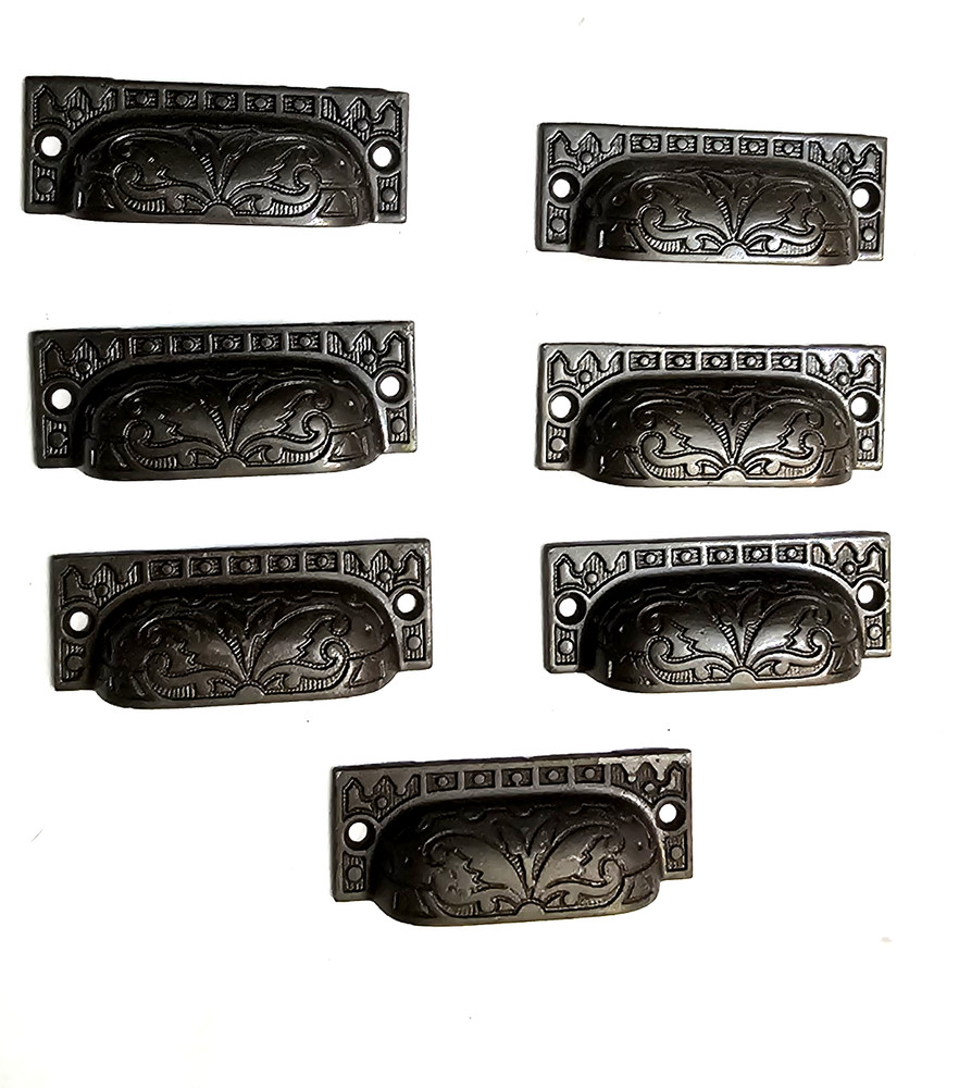 VICTORIAN IRON BIN DRAWER PULLS CABINET HARDWARE 7 ORIGINAL DECORATIVE HANDLES