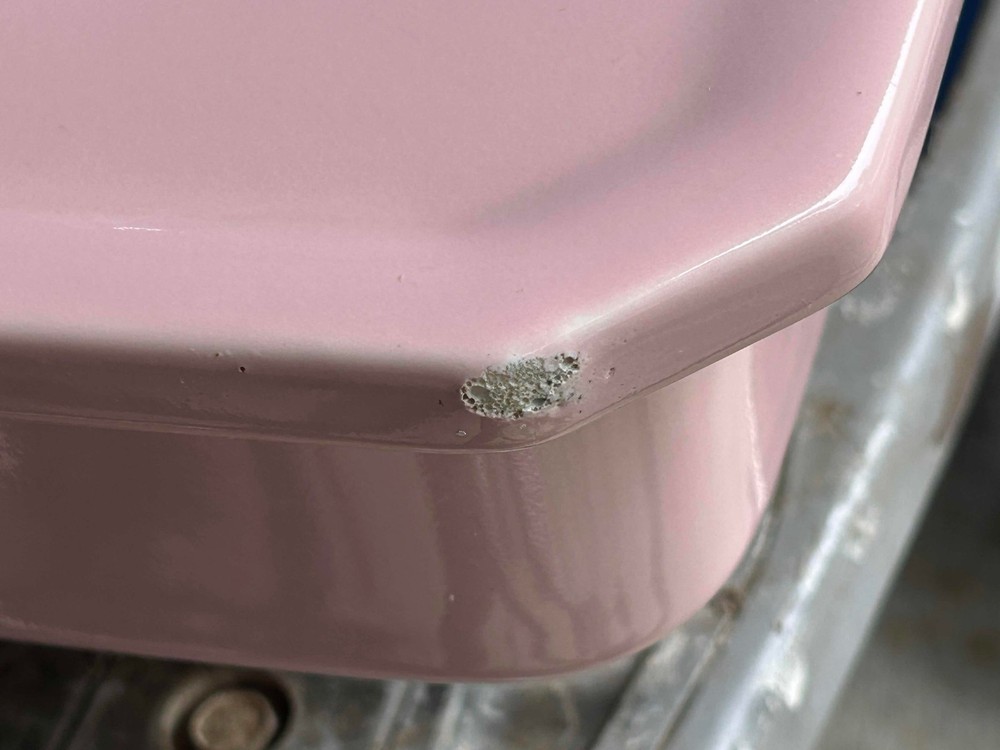 1954 Crane Pink Bathroom Sink - Drop-In - Atomic Chrome Knobs - Square Corners!