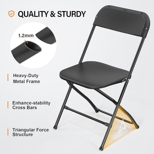 4 Pack Black Folding Chairs - Portable Stackable Steel Frame, 350lb Capacity for