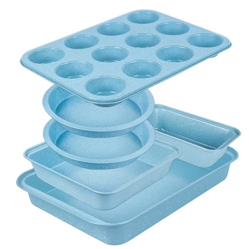 Baking Pans Set Non Stick, Bakeware Sets Stackable, Oven Safe, 6 Piece Set Blue