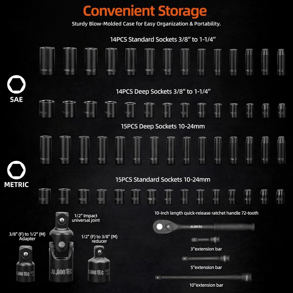 1/2" Drive Master Impact Socket Set, 65 Piece, with Adapters & Ratchet Handle...