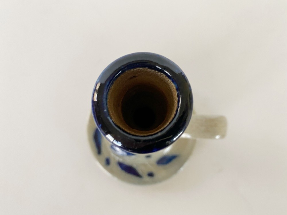 Pottery Salt Glazed Candlestick Holder 6 Inch Handle Blue Leaf Primitive Rustic