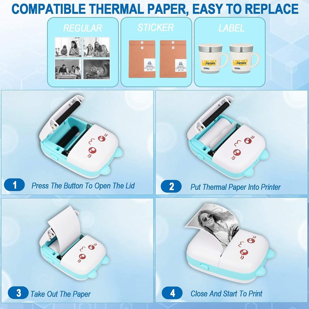 Portable Printer, Mini Pocket Wireless Bluetooth Thermal Printers with 6 Blue
