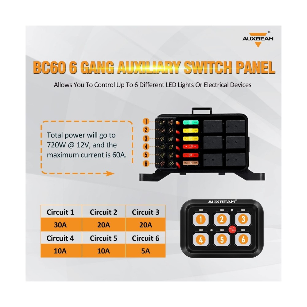 Auxbeam 6 Gang Switch Panel BC60, Universal Circuit Control Relay System Box ...