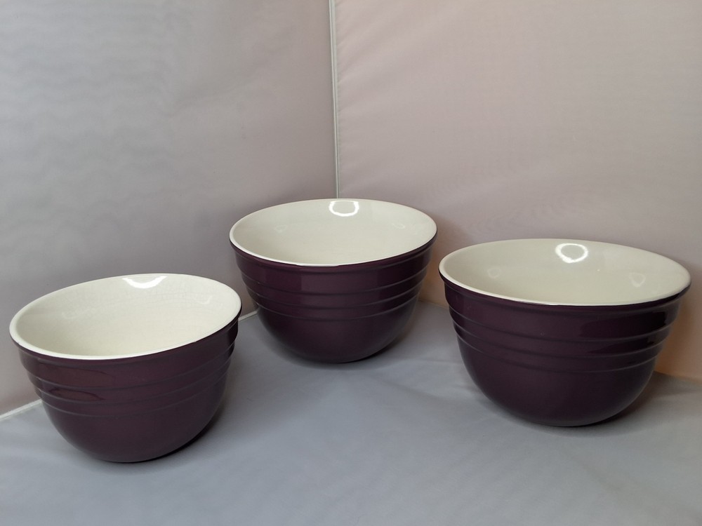 3 Piece Nesting Mixing Bowl Set Deep-Walled Purple Ceramic with White Interior