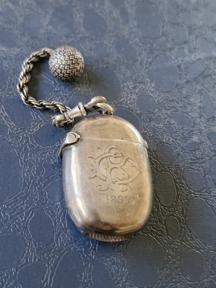 Victorian 1896 Solid Silver Vesta Case,Chester Hallmarked,William Neale + Chain.