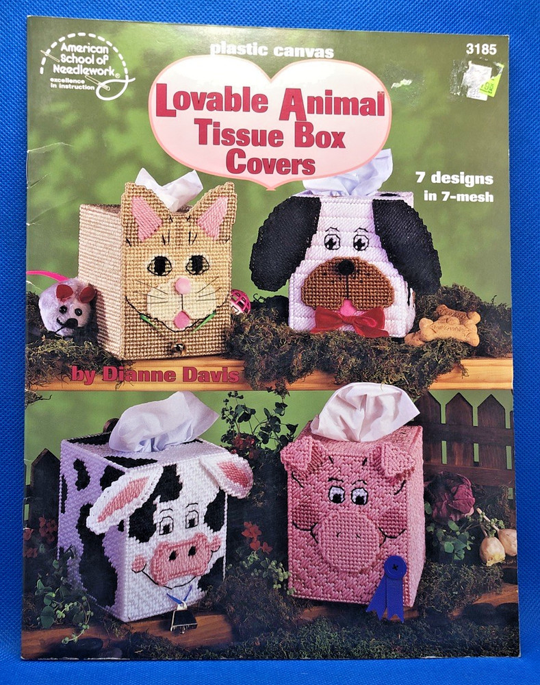 Vintage Plastic Canvas Lovable Animal Tissue Box Covers Craft Pattern Book