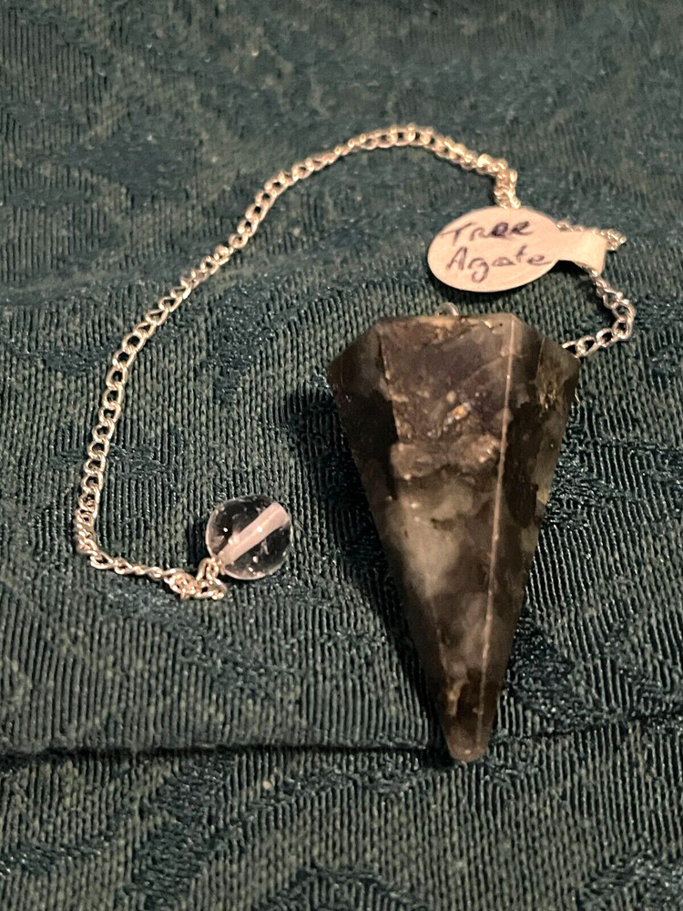 Tree Agate Pendulum with 6 Facets, Clear Quartz End Bead, and Storage Pouch