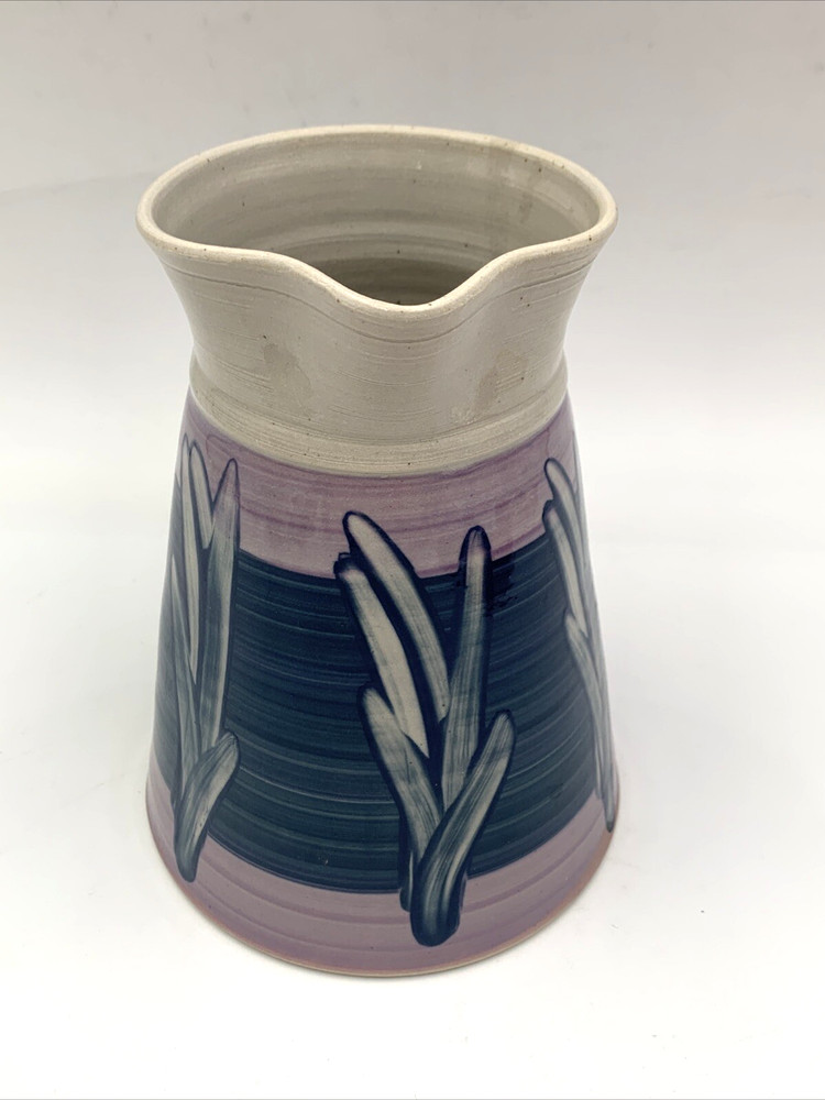 Hand Made Hand painted Pottery Pitcher Signed WP Blue Lavender White Leaves