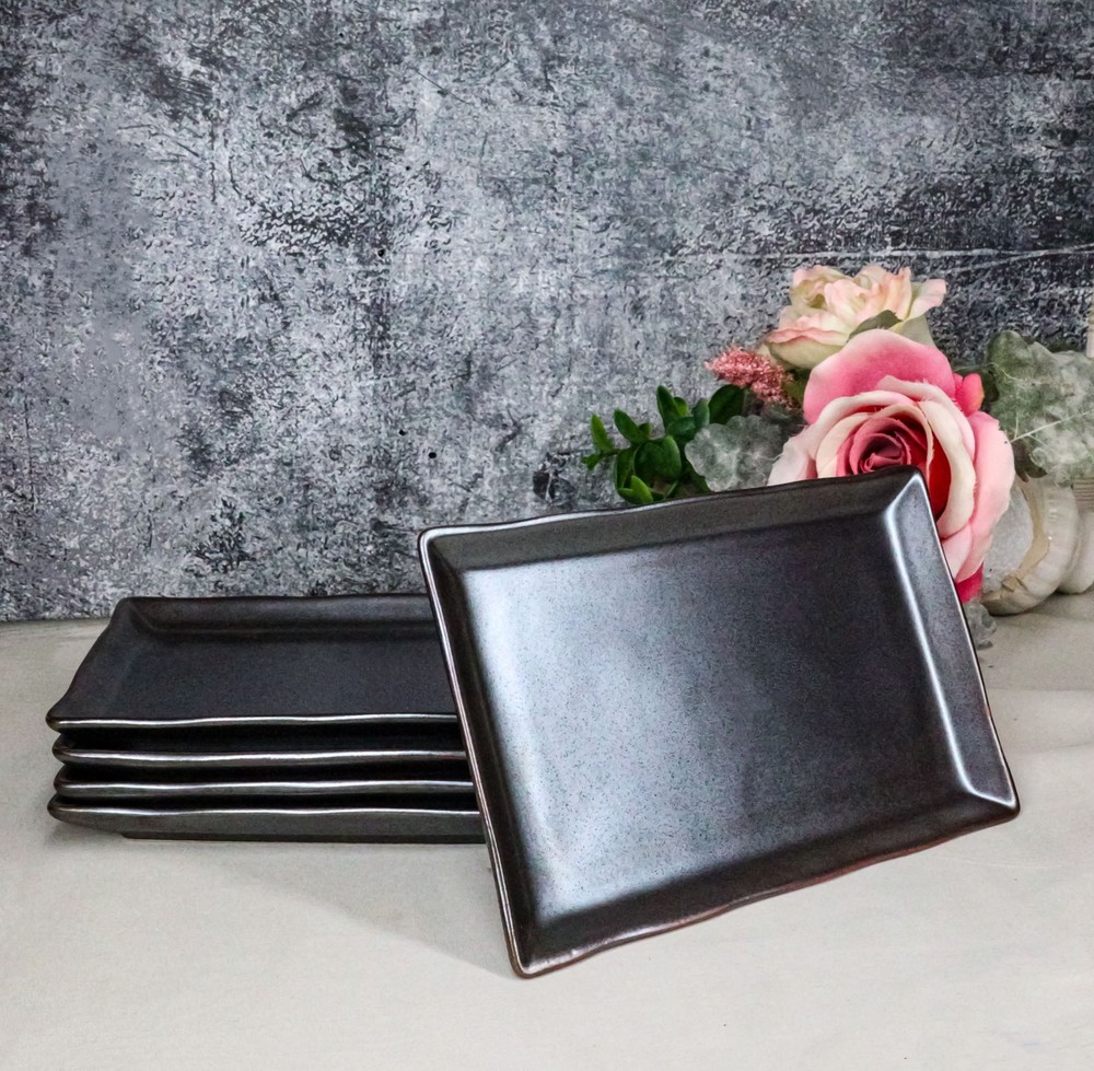Pack Of 5 Tetsu Kesho Metallic Black Collection Rectangular Sushi Plates 7.75" L
