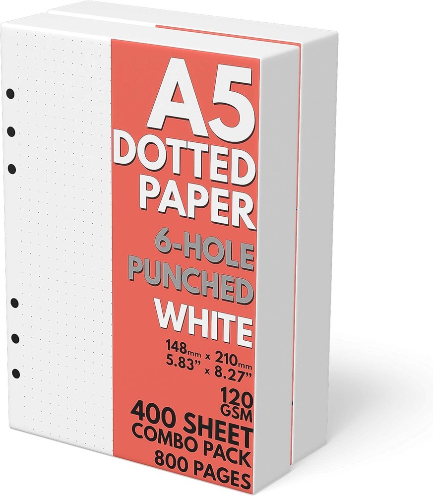 A5 Dot Grid Paper, Extra Thick, 6-Hole Punched, 400 Sheets (800 Pages), 400