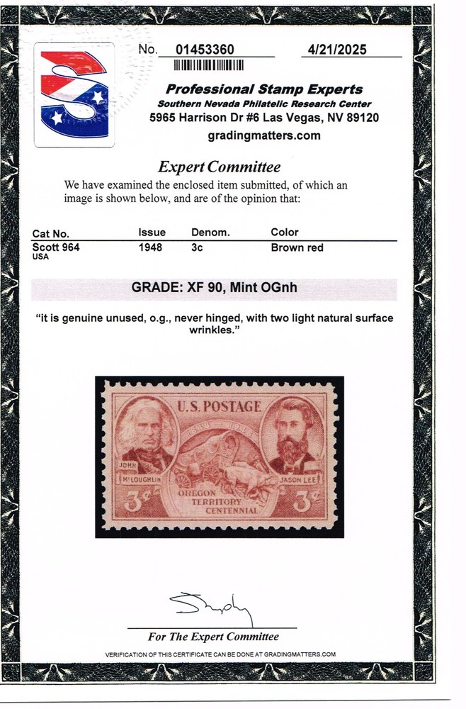 EXCEPTIONAL SCOTT #964 MINT PRISTINE ORIGINAL GUM NH  - PSE CERT GRADED XF-90