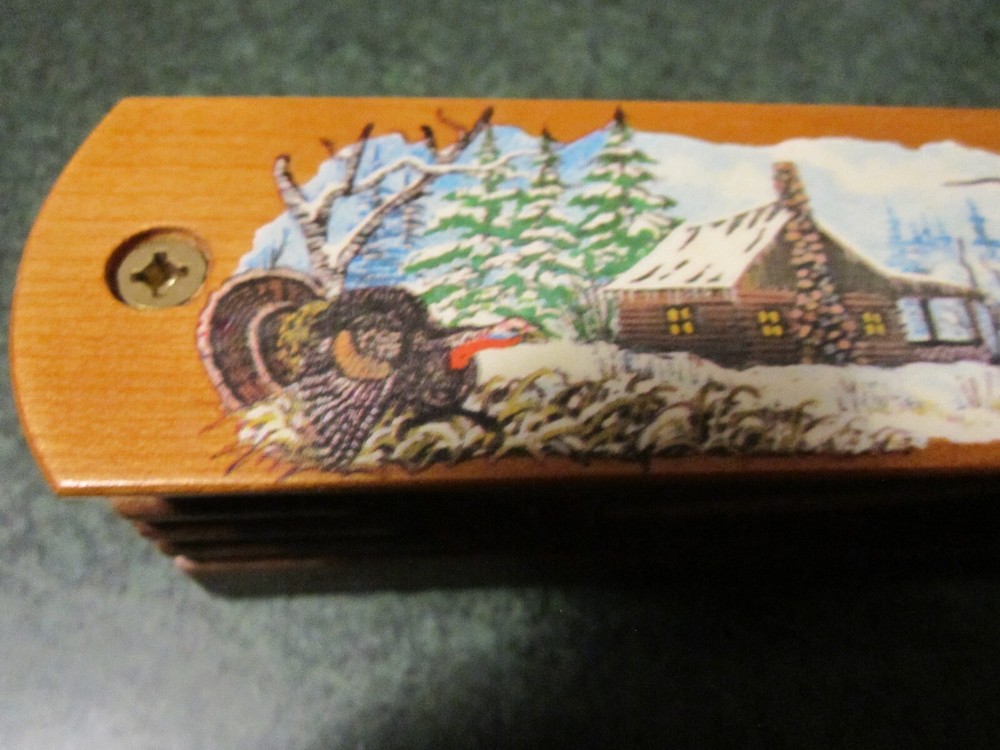 Beautiful painted paddle 6 1/4" Turkey box call with side inserts. SOUNDS GR EUC