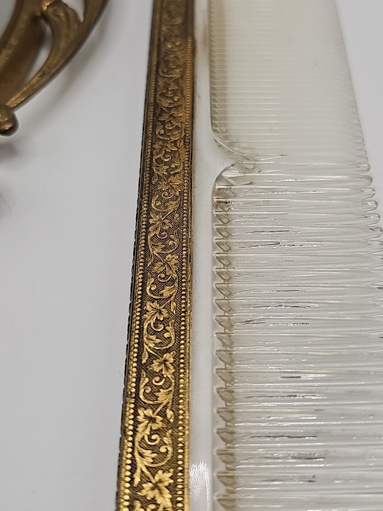 Old Brass Oval Shape Engraved Handcrafted Vanity Cut Work Mirror + Comb