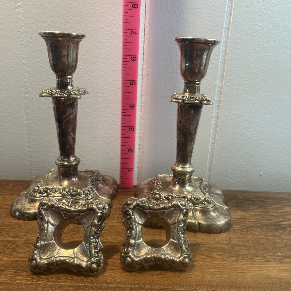 Vtg Pair Fancy Gorham Silver Plate Candlesticks with Inserts 7" 4x4” Base