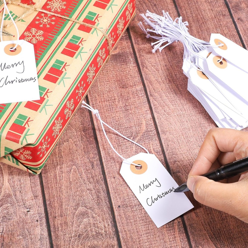 100 Pack White Blank Tags with Elastic String Marking 2.75x1.37inches,