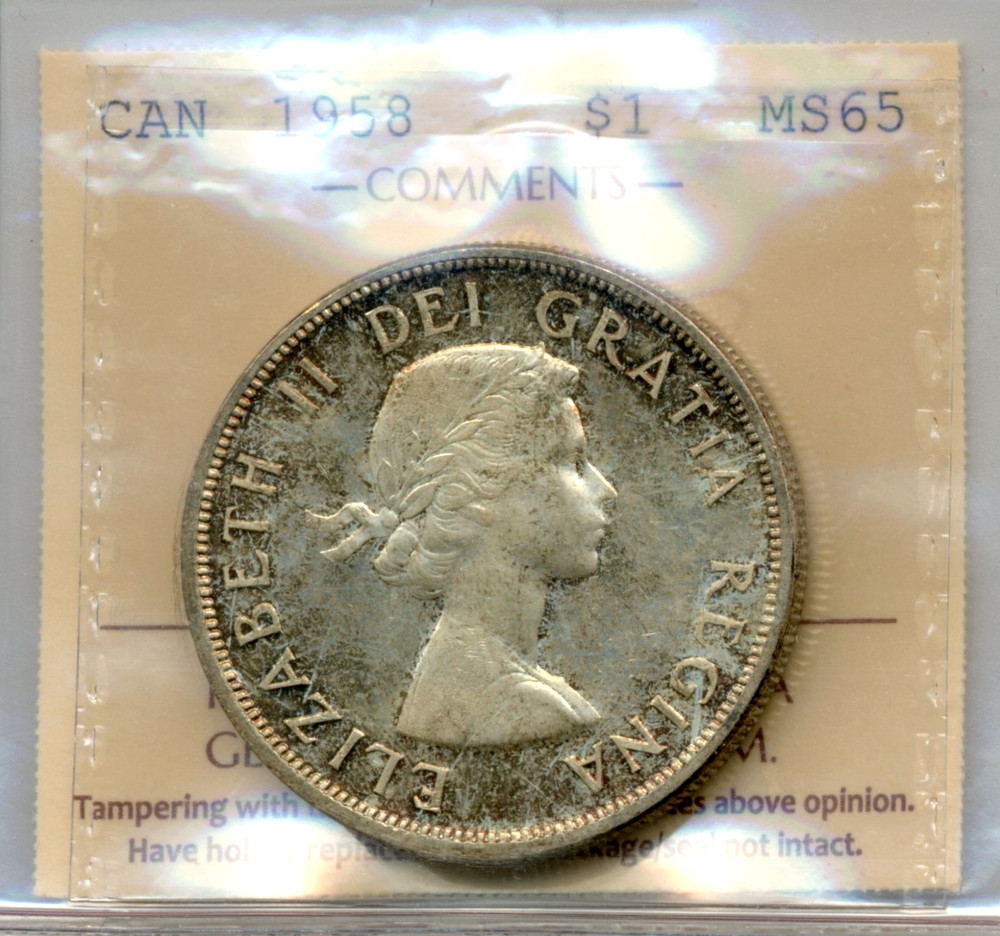 1958 Canada Silver Dollar - GEM Uncirculated, ICCS MS65