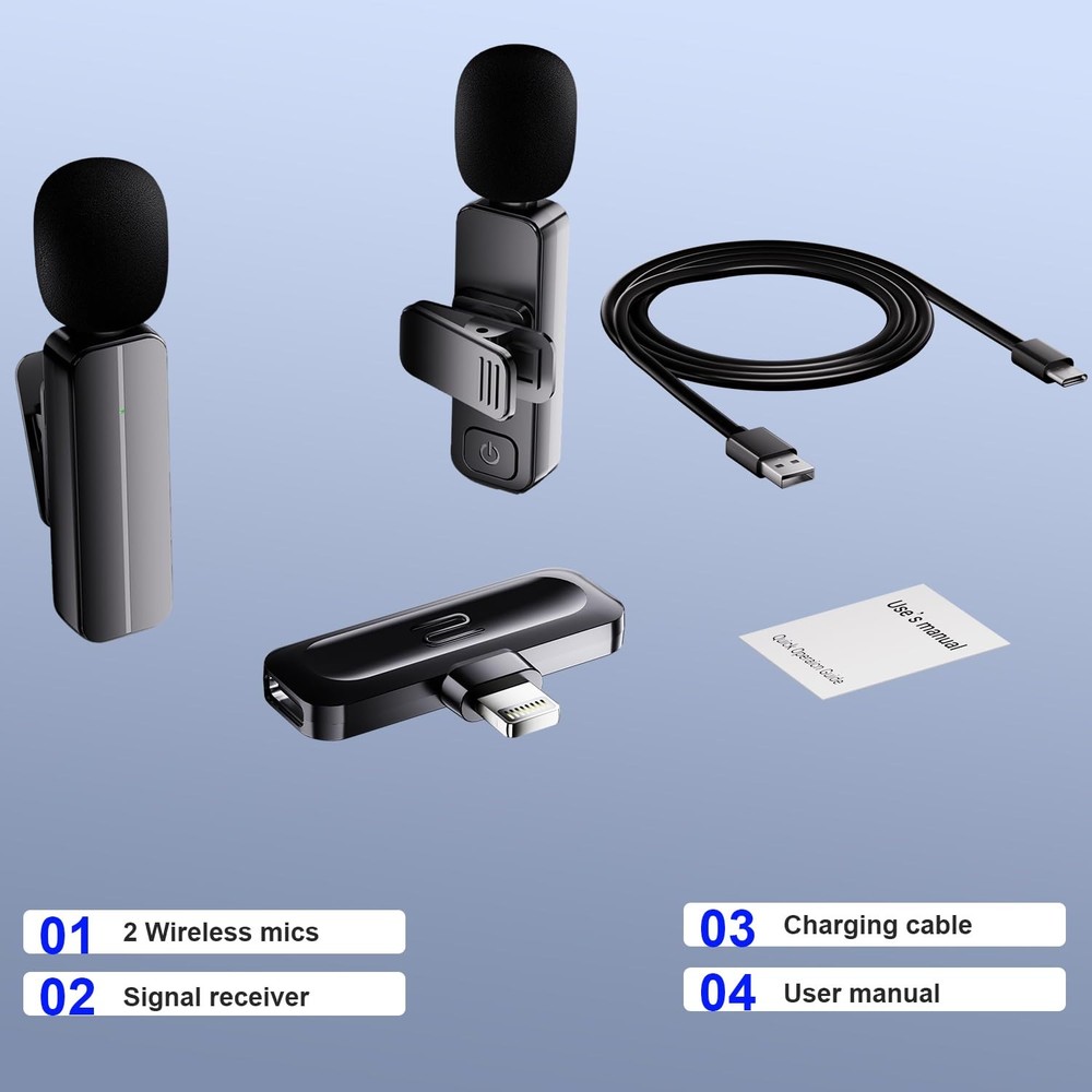 2-Pack Wireless Mini Lavalier Lapel Microphone for Full, Flat Black