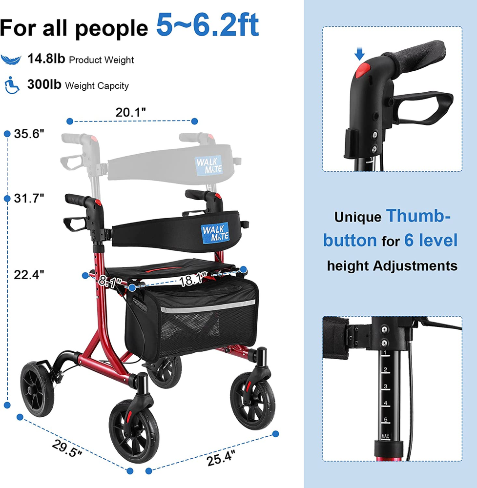Senior Walker Lightweight Rollator Walker With Seat Back Support & Storage Bag