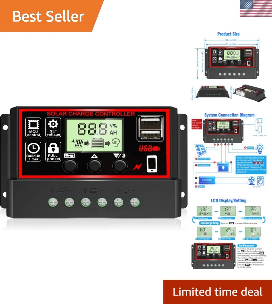 Versatile 30A Solar Charge Controller - Efficient LCD Display & Compact Design