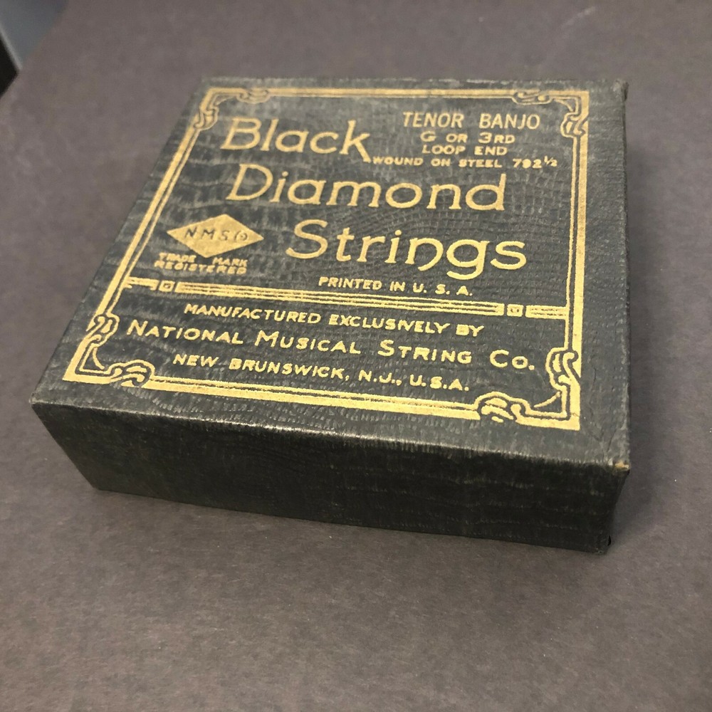 Vintage Empty Black Diamond Banjo String Box Texture + Gilt Text Faux Alligator?