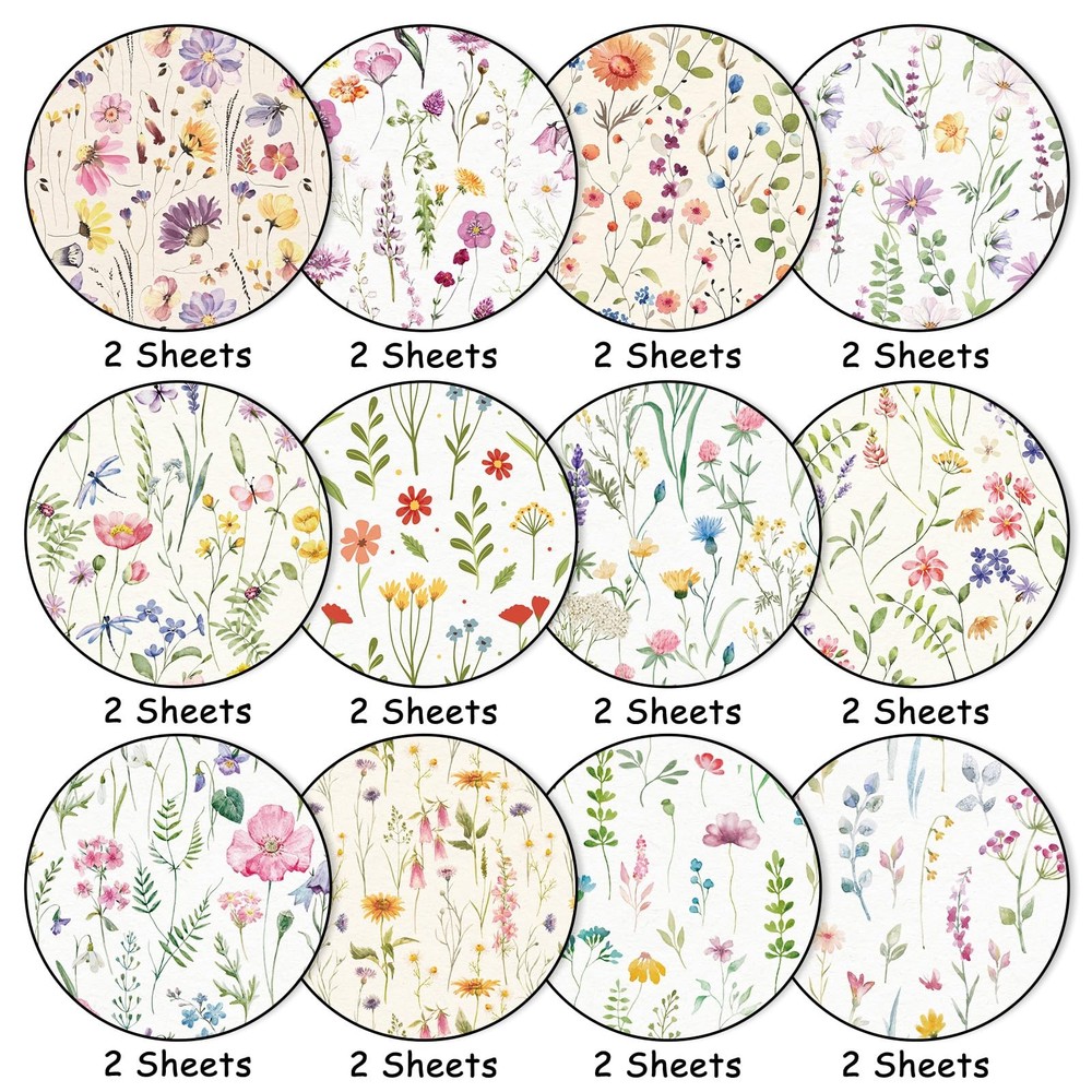 24 Sheets Wildflower Pattern Paper Spring Scrapbook Specialty Paper Watercolo...