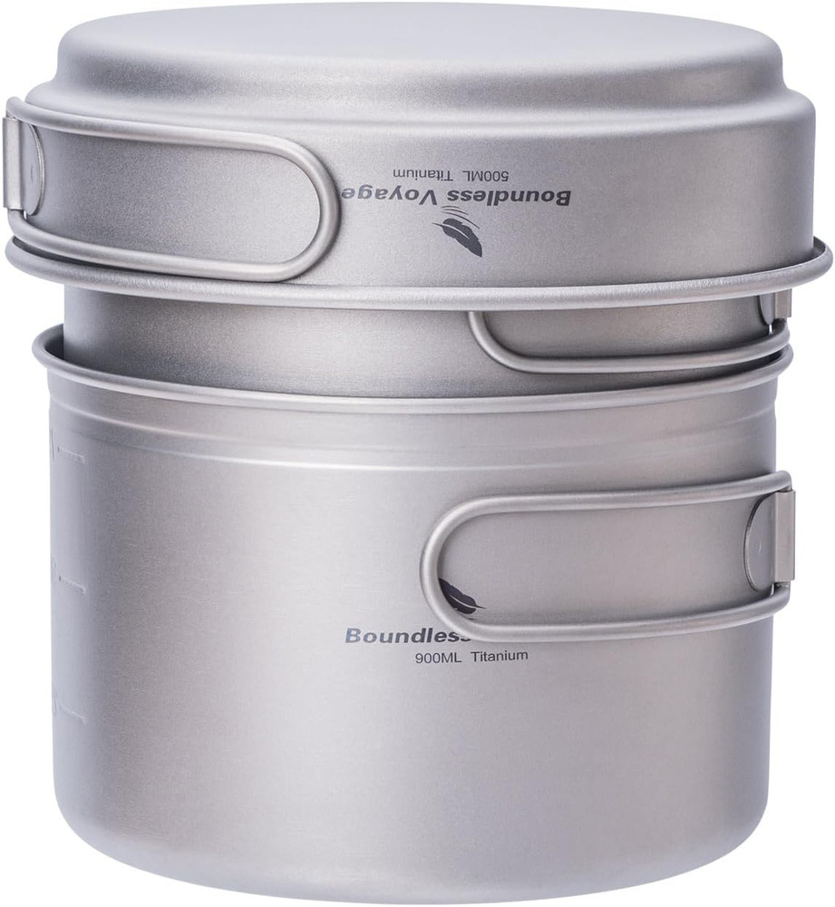 Titanium Pot Pan Set with Folding Handle - Ultralight Portable Outdoor Cookware