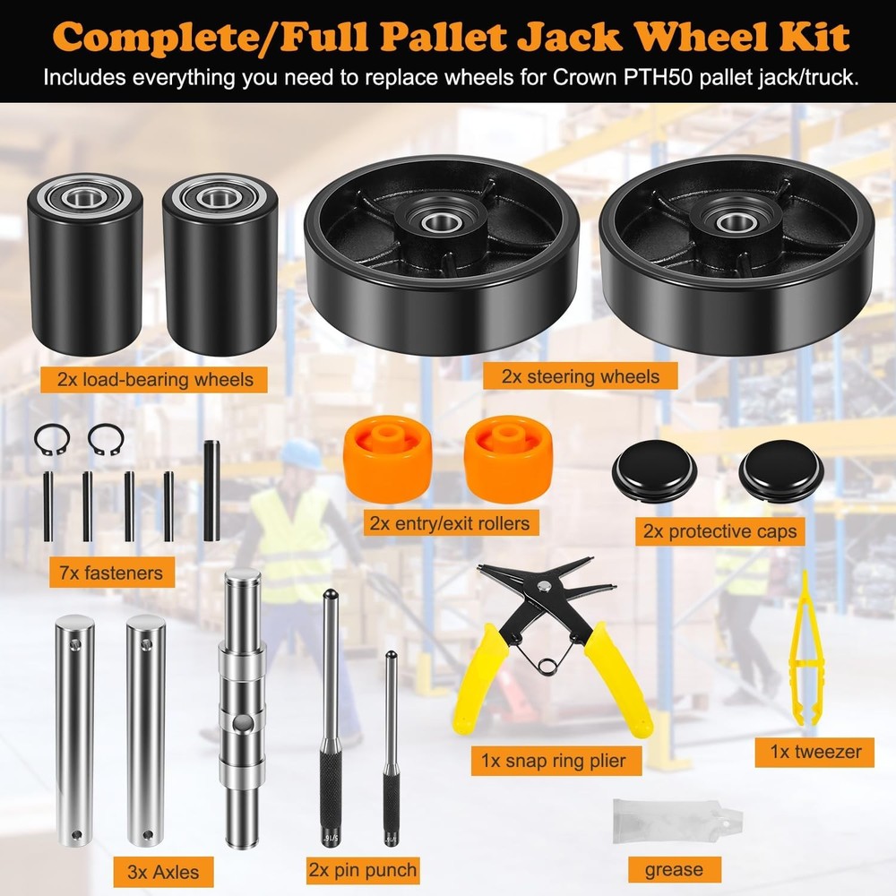 for Crown PTH50 Pallet Jack Full Replacement Kit Steering Wheels Front Load 7"x2
