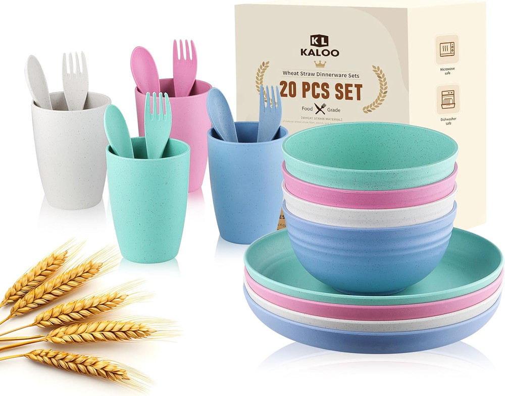 Wheat Straw Dishes Dinnerware Sets,  20Pcs Lightweight Unbreakable Dish Set, Mic