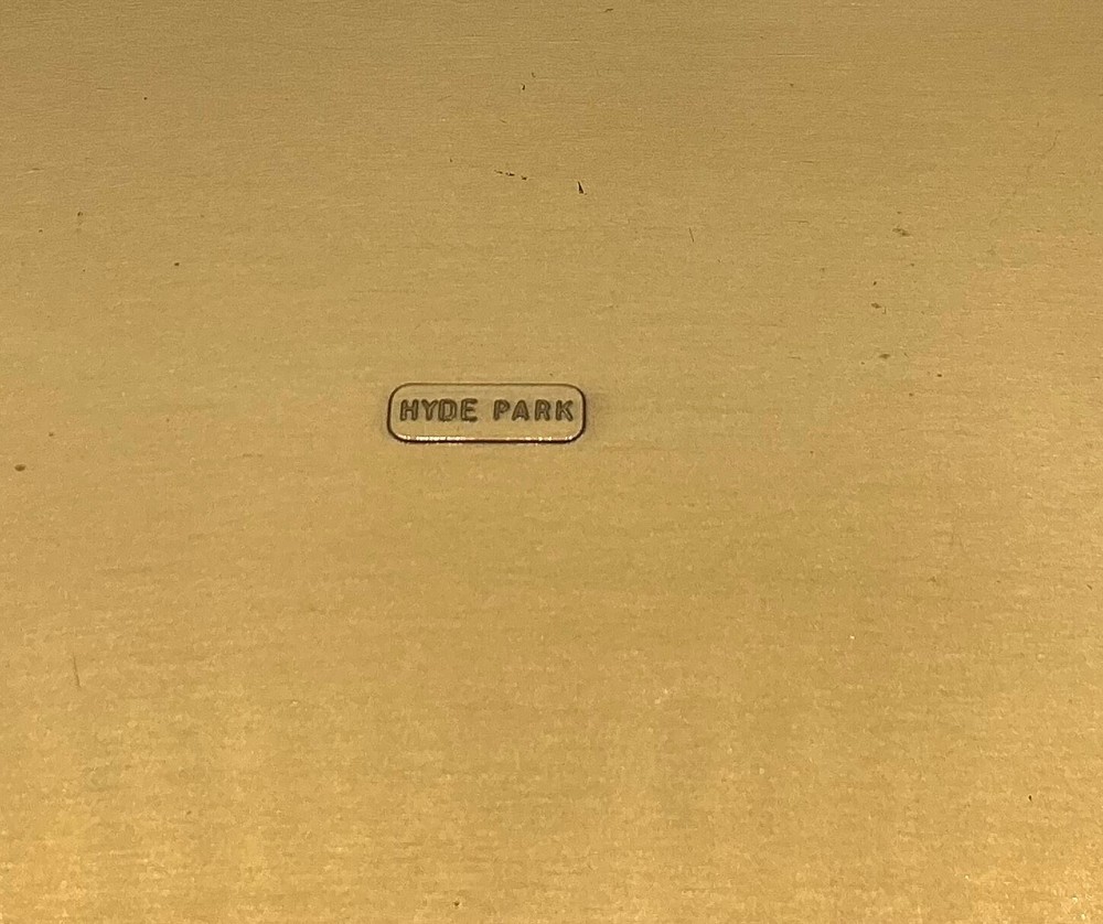 MCM Brass Hyde Park cork lined 8” box attached lid 2 sections 1950s monogram I