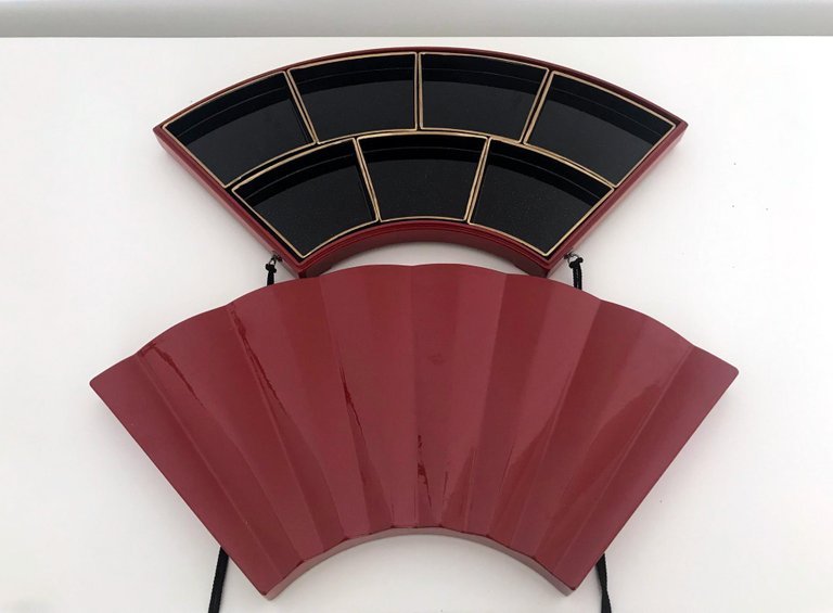 Japanese Lacquer Ware Fan-Shaped Box with Compartments