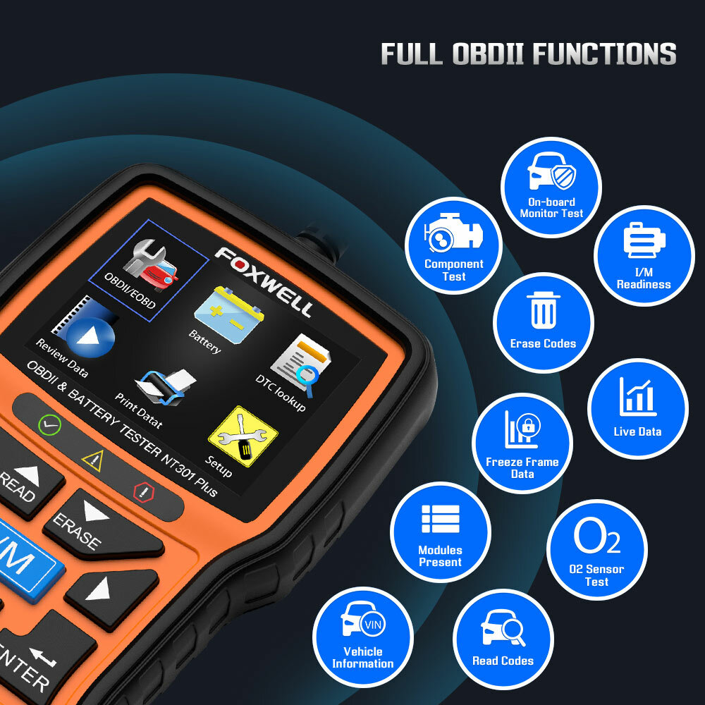 Foxwell NT301 PLUS OBD2 Scanner Code Reader Battery Tester Car Diagnostic Tool