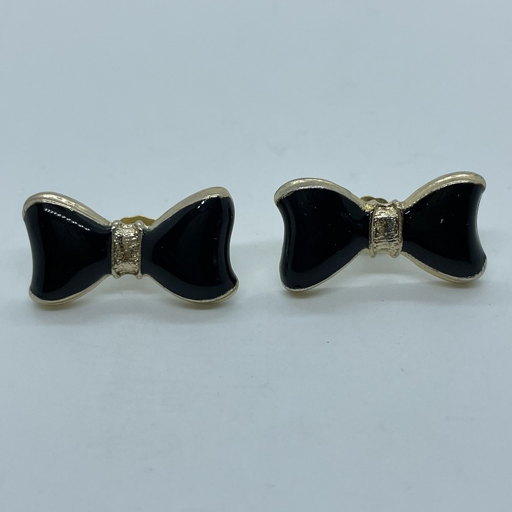 Goldtone and Black Enamel Bow Tie Post Earrings