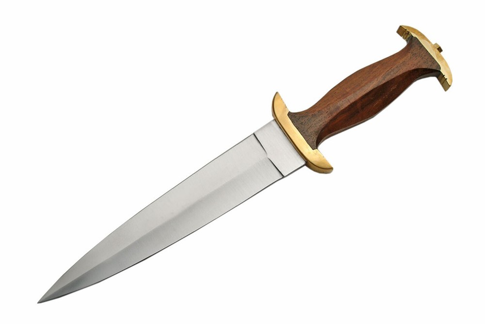Dagger | 15" Fixed-Blade Wood Brass Handle Stainless Blade + Leather Sheath