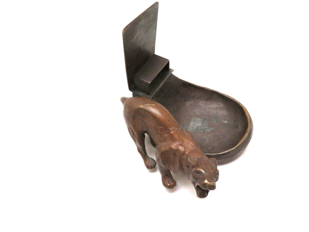 Antique Bronze Pipe - Match Holder w/ Sculptured Cougar