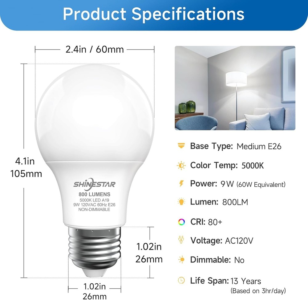 6 PACK A19 LED Light Bulb 9W 800 Lumen 60W Equivalent 5000K Daylight White