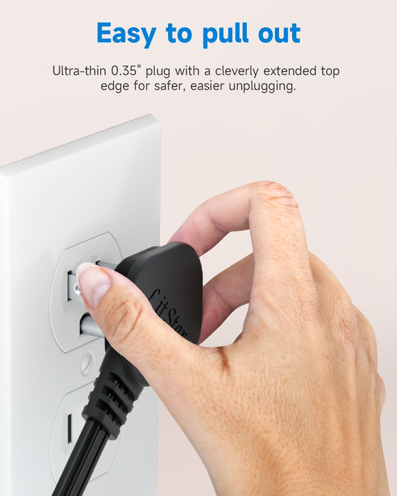 Flat Plug 1Ft Short Extension Cord, 90-Degree Plug Low Profile Power Adapter, 3-