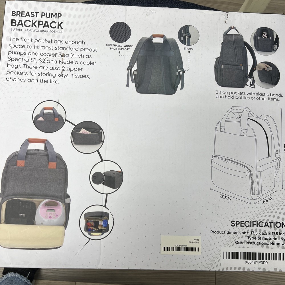 New Breast Pump Backpack 2 Side Pockets Straps Back Support Multifunctional