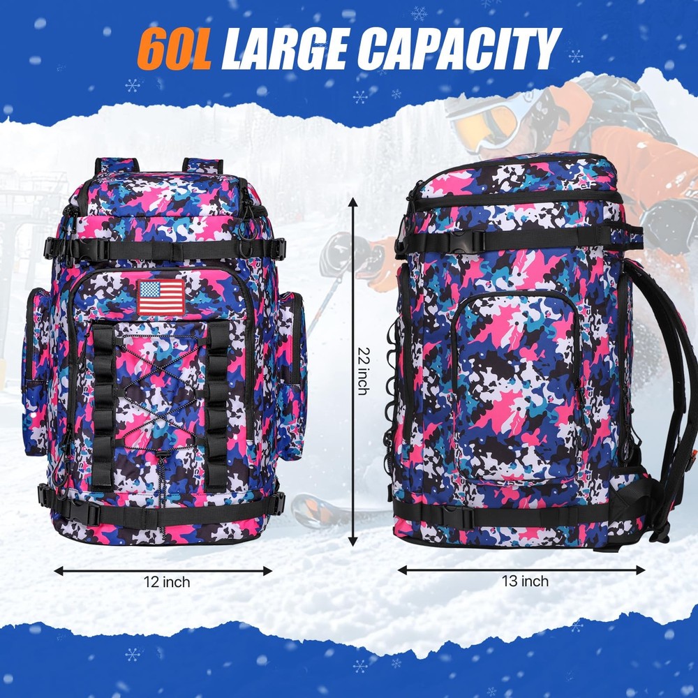 Ski Boot Bag Backpack, 60L Waterproof Travel Ski Boot Bag Backpack for Ski Snowb