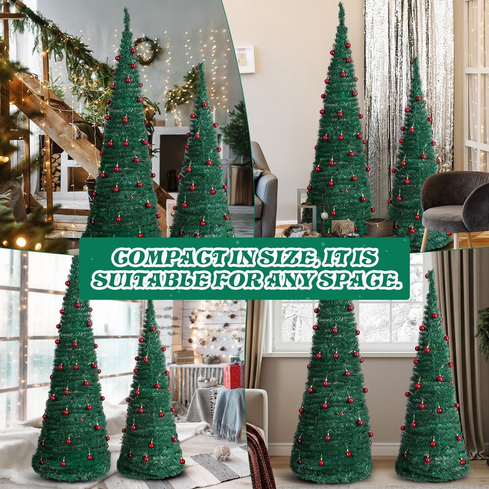 2 Pack, 6FT 5FT Artificial Pop Up Christmas Tree with Red Ball Ornaments