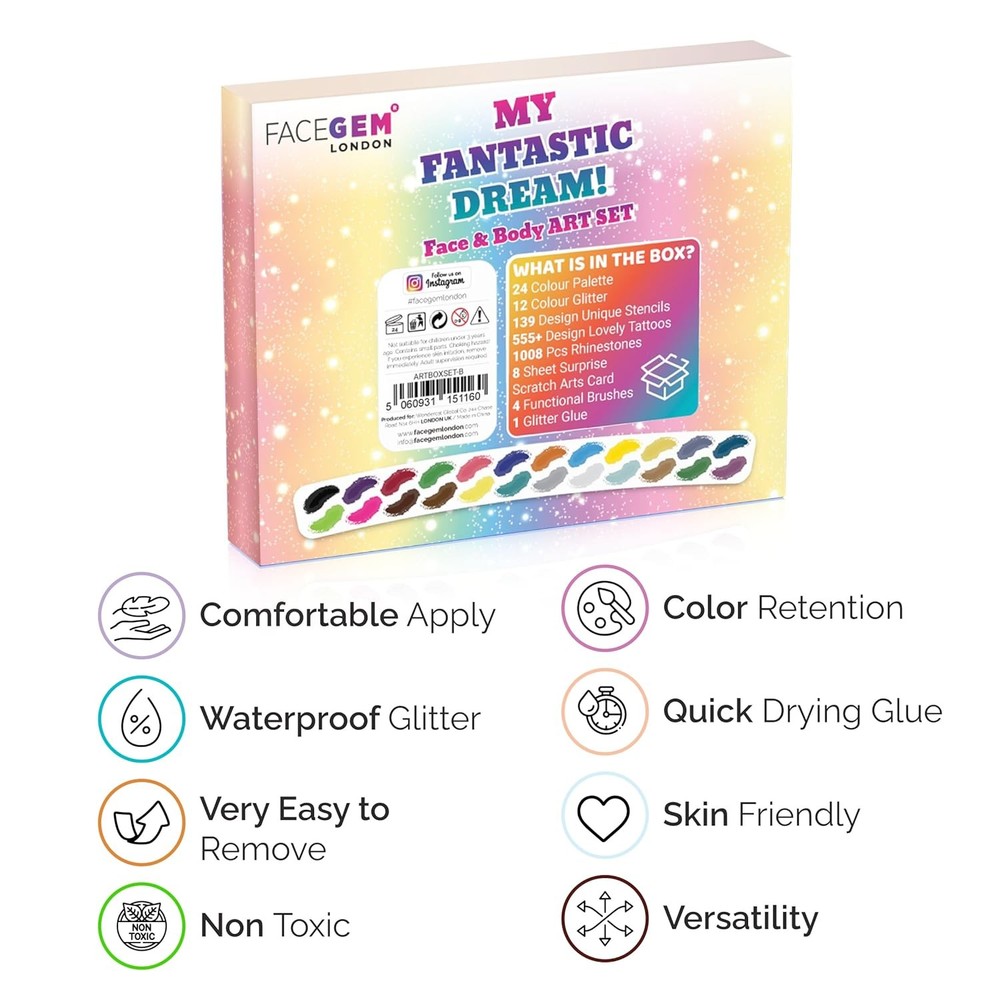 Face Paint Kit - Glitter Tattoos, Gems, Temporary Multicolor
