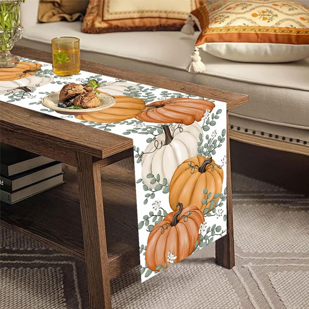 Fall Decorations for Home Fall Table Runners 13×72 Inch Orange Pumpkin Eucaly...