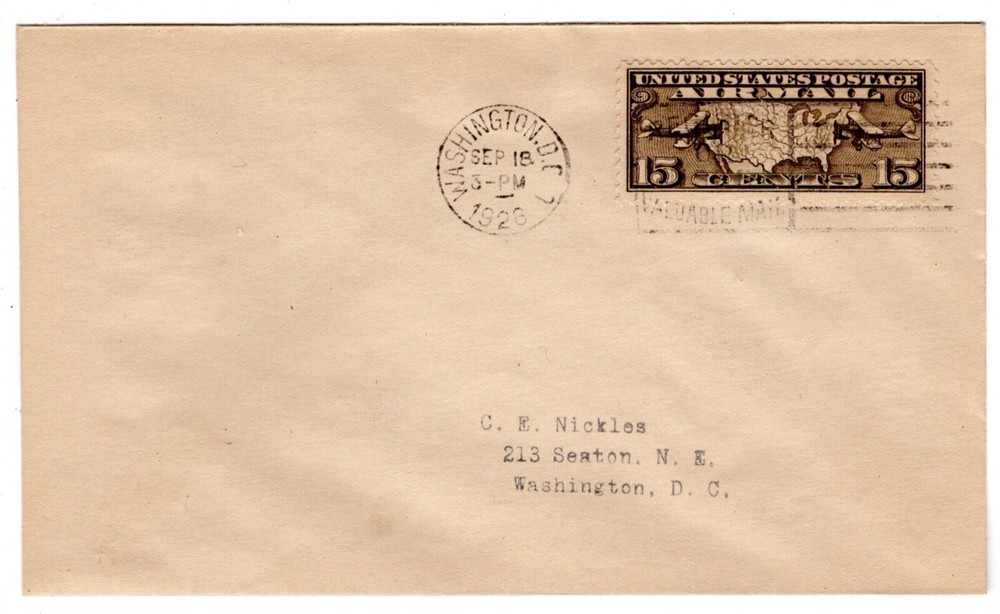 C8 Map 15c Airmail First Day Cover 1926 - Washington DC - C.E. Nickles