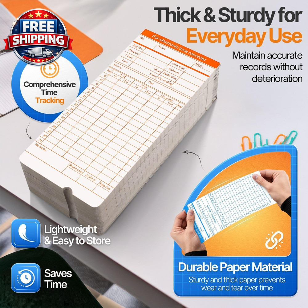 100 Pack Monthly Time Cards - 6 Column Time Sheets for Accurate Tracking