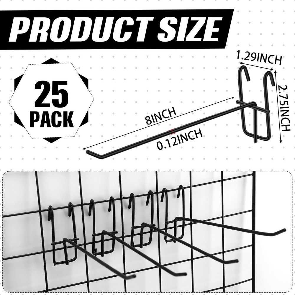 Grid Wall Hooks 8 Inch 25 Pcs Panel Heavy Duty Mount Organizer Display Black