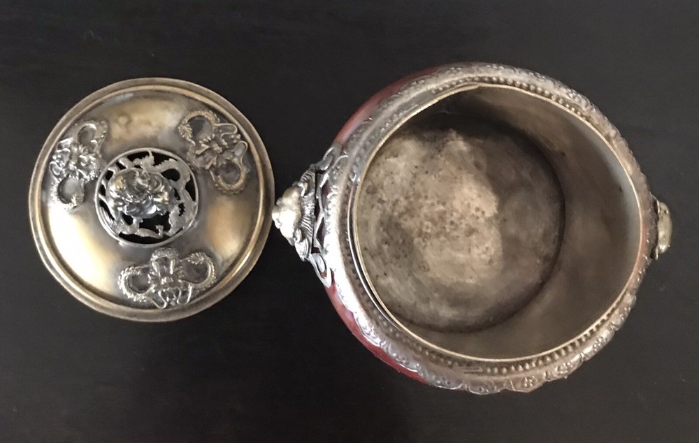 Chinese tibet agate inlay silver incense burner marked
