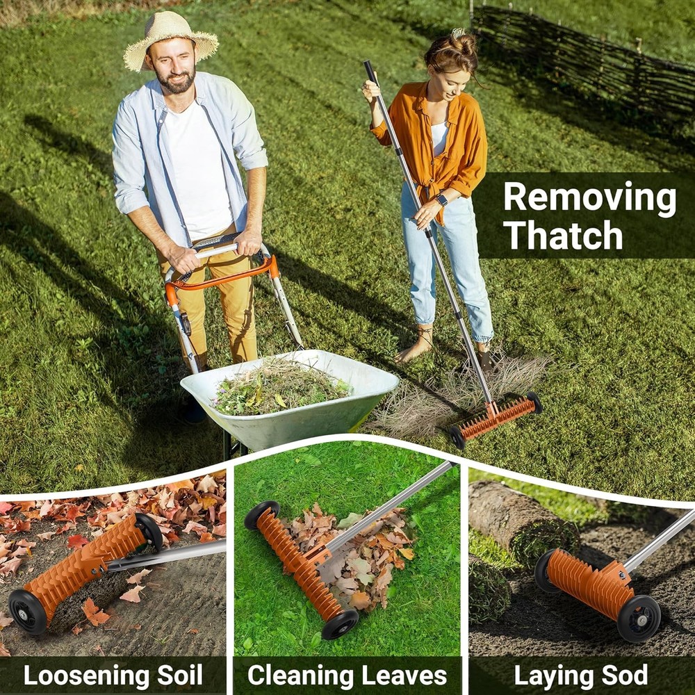 Lawn Thatch Rake, 15-Inch Steel Dethatching Tool